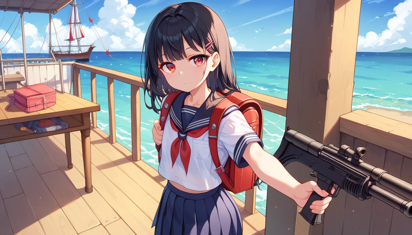 ((1girls:1.3)), ((solo:1.3)), ((school uniform:1.3)), ((ship deck:1.3)), ((ocean:1.3)), ((light machine gun:1.3)), ((expressionless:1.3)), ((backpack:1.3)), ((moe style:1.3)), ((standing:1.3)), ((red eyes:1.3)), ((small girl:1.3)), ((flat chest:1.3)), ((black hair:1.3)), ((perfect face)), ((extremely cute:1.3)), ((masterpiece:1.3)), ((8k)), ((best quality:1.3)), ((beautiful)), ((extremely detailed:1.3)) , ((absurdres)), AddXL, ((score_9:1.3)), ((score_8_up:1.3)), ((score_7_up:1.3)), Expressiveh 