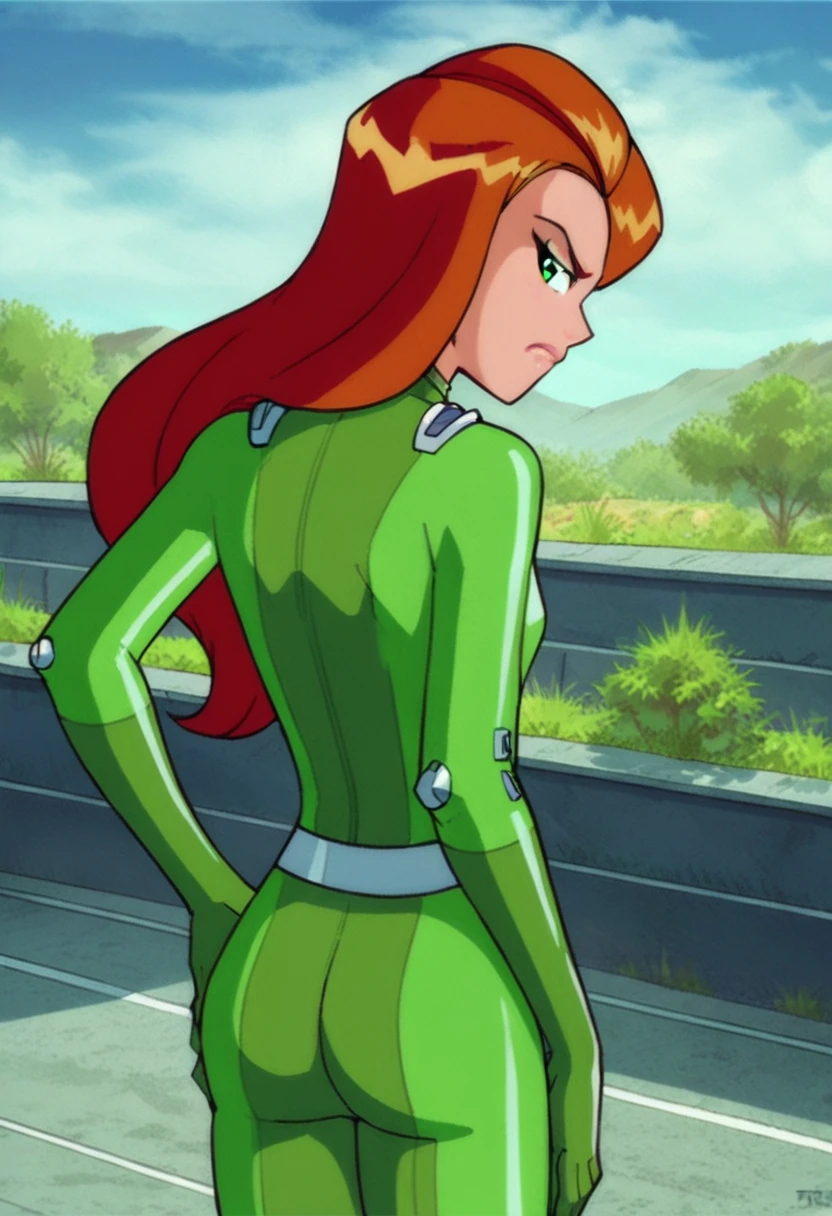 score_9, score_8_up, score_7_up, 
1girl, sam ts, long hair, orange hair, green eyes, 

standing, hands on hips, 
green bodysuit, from behind, ass,

frown, narrowed eyes, looking at viewer, outdoors, solo,