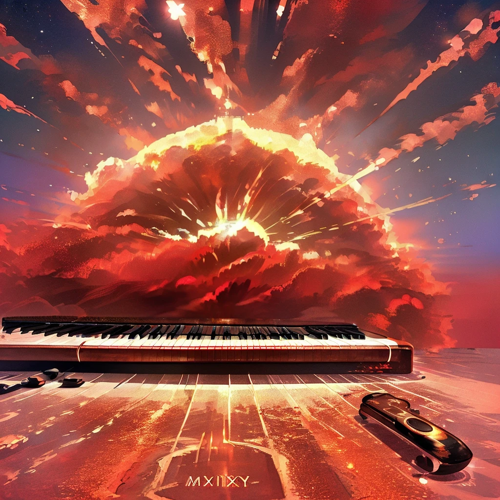 Photo with writing MUSICAL EXPRESSO SUL 3D drawing MUSIC bright red color and shiny gold drawing keyboard or piano