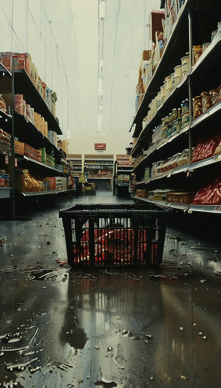 Close up of spilled grocery basket on the ground of grocery store