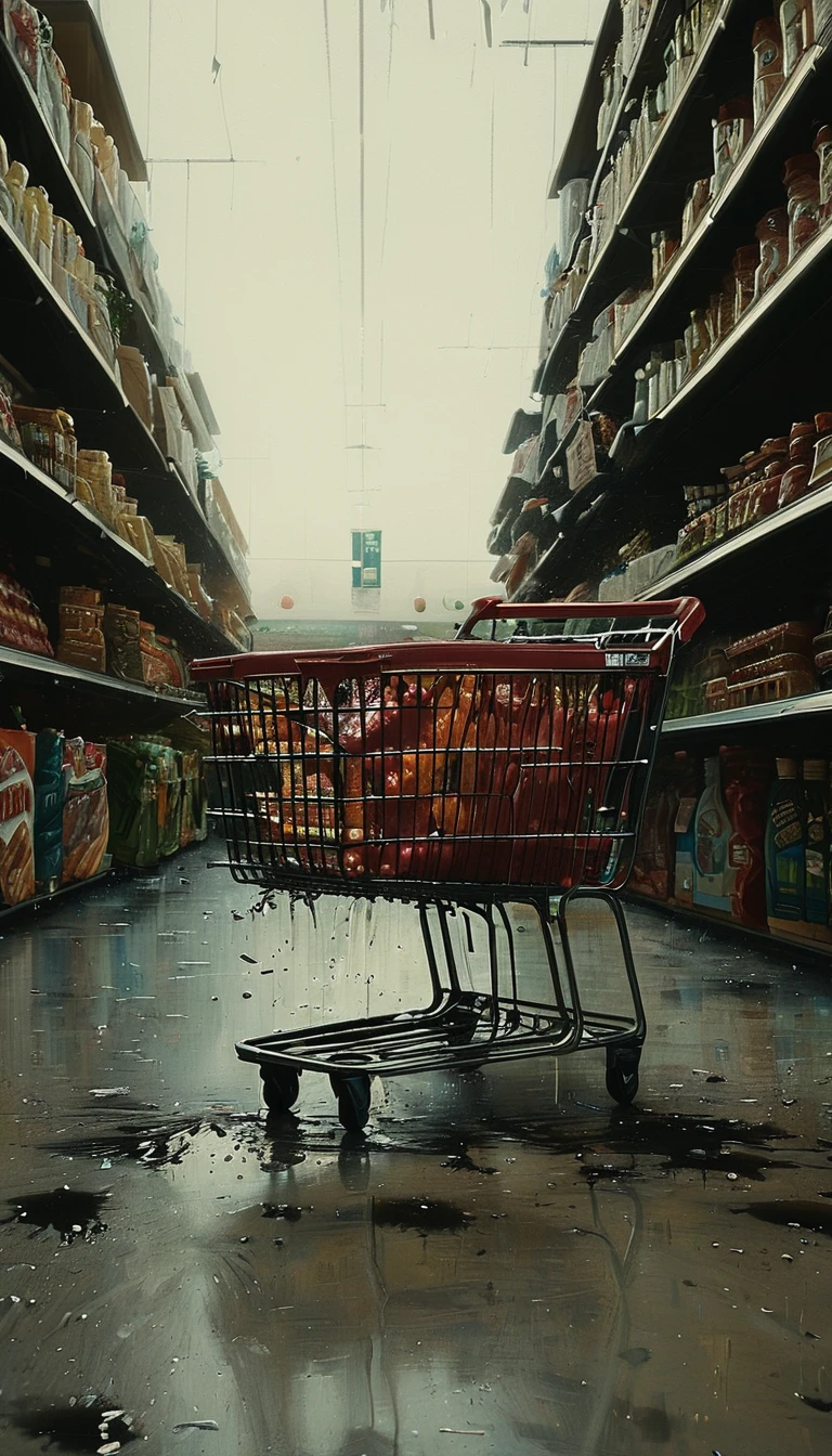 Close up of spilled grocery basket on the ground of grocery store