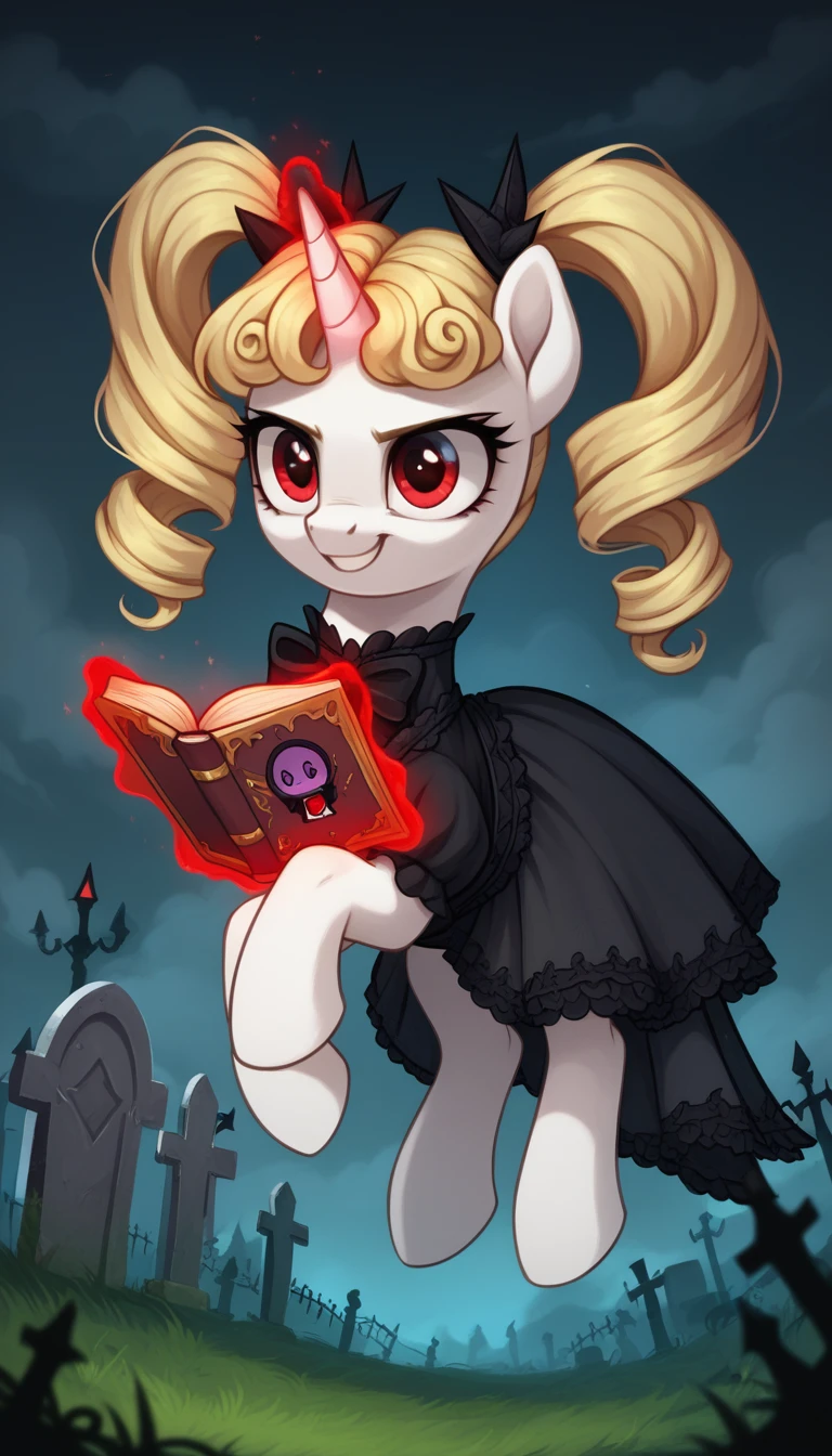 score_9,score_8_up,score_7_up,score_6_up, filly, unicorn, white fur, curly blonde hair, twintails, red eyes, Gothic pony, ta fashion, glowing backlight, fashion show, graveyard scene, glitter, whimsical, enchanted, magical, fantasy art concept, intricate details, insane smile, blood splatter on face, floating, holding spell book, glowing horn,