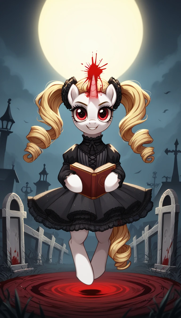 score_9,score_8_up,score_7_up,score_6_up, filly, unicorn, white fur, curly blonde hair, twintails, red eyes, Gothic pony, ta fashion, glowing backlight, fashion show, graveyard scene, glitter, whimsical, enchanted, magical, fantasy art concept, intricate details, insane smile, blood splatter on face, floating, holding spell book, glowing horn,