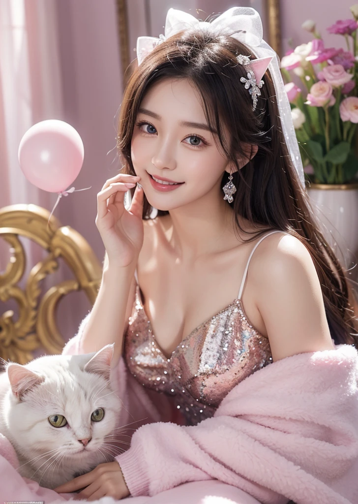 Diffuse lighting、 Highest quality, High resolution, unity 8k wallpaper、Supersaturation, Colorful, fairy tale, dream-like, Movie-like characters, oil, 3d, 8K resolution, Sequins, Sparkling, moonlight, Close-up portrait adorable,Too cute cat, Fine grain, Large, round, reflective eyes,Dreamland、Show your teeth and smile、Cotton candy cushion、Marshmallow Furniture、pastel colour、pleasant to the touch、Gaze over your shoulder、smile、full moon、Mysterious Flower、Beautiful cat、cute cat、猫のInside the castle、Inside the castle、Detailed eyes, nose and mouth、Cat Castle、2k wallpaper、