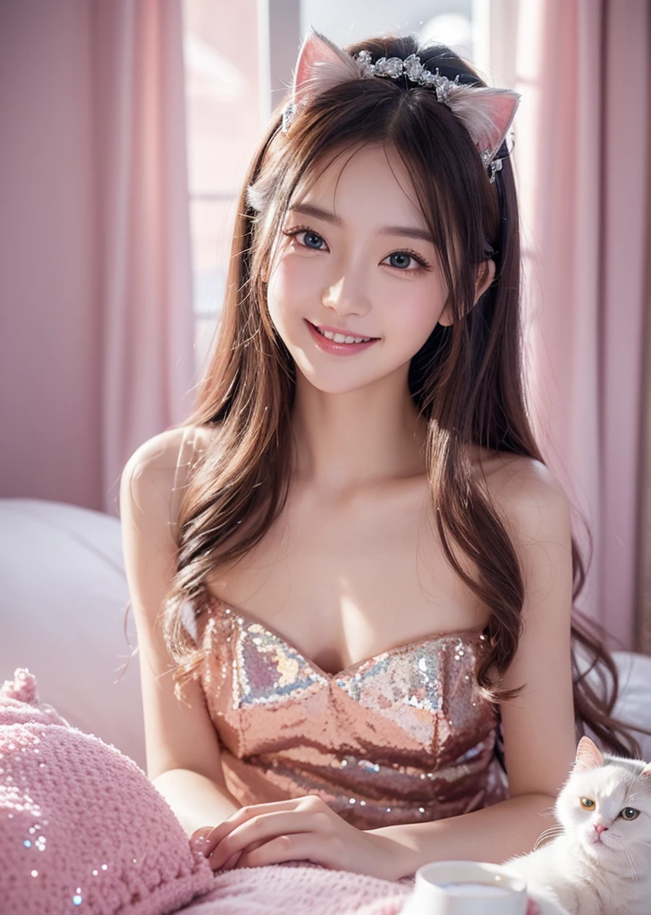 Diffuse lighting、 Highest quality, High resolution, unity 8k wallpaper、Supersaturation, Colorful, fairy tale, dream-like, Movie-like characters, oil, 3d, 8K resolution, Sequins, Sparkling, moonlight, Close-up portrait adorable,Too cute cat, Fine grain, Large, round, reflective eyes,Dreamland、Show your teeth and smile、Cotton candy cushion、Marshmallow Furniture、pastel colour、pleasant to the touch、Gaze over your shoulder、smile、full moon、Mysterious Flower、Beautiful cat、cute cat、猫のInside the castle、Inside the castle、Detailed eyes, nose and mouth、Cat Castle、2k wallpaper、