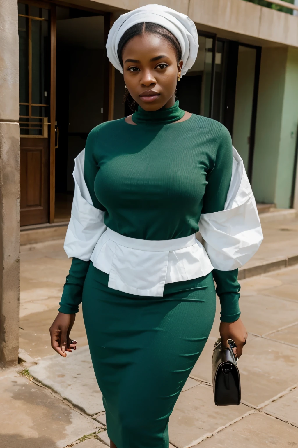 Create a realistic depiction of a 23 year old African lady who is smartly dressed for church. She should be wearing modern, long clothes that cover her entire body. Her outfit should prominently feature green and white. She should have a very thick build and appear realistic."
