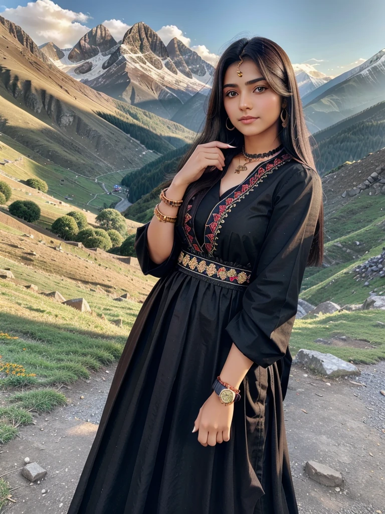Age: 18-20 years
Hair: Long, black, straight
Eyes: Big, brown
Outfit: Traditional pahadi dress, colorful
Accessories: Wearing a black watch on her hand
Pose: Natural, confident
Background: Beautiful mountain scenery