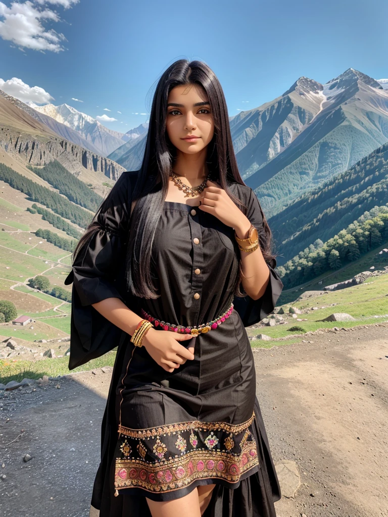 Age: 18-20 years
Hair: Long, black, straight
Eyes: Big, brown
Outfit: Traditional pahadi dress, colorful
Accessories: Wearing a black watch on her hand
Pose: Natural, confident
Background: Beautiful mountain scenery