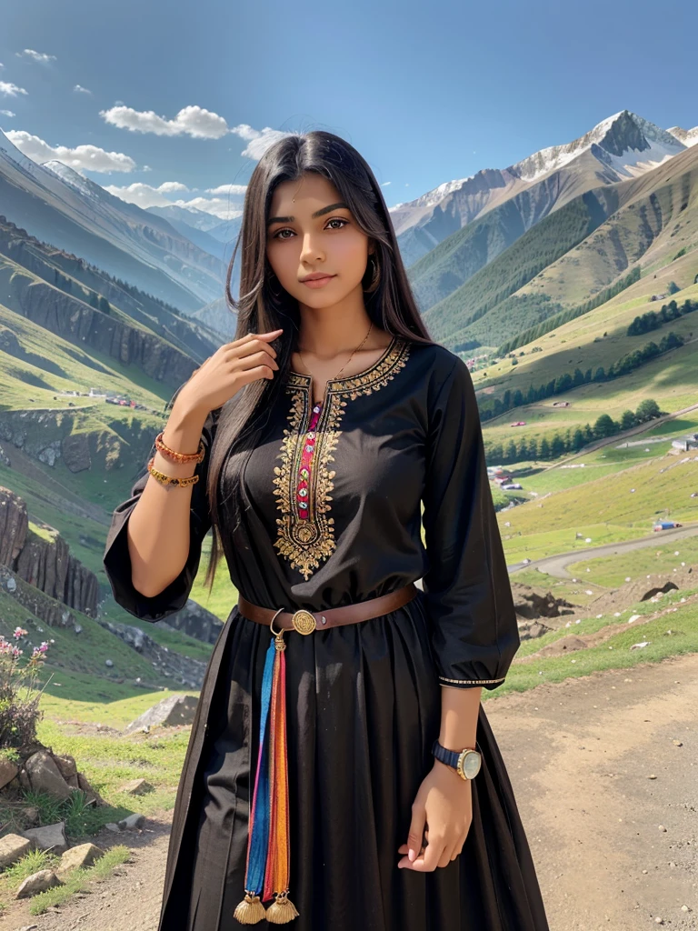 Age: 18-20 years
Hair: Long, black, straight
Eyes: Big, brown
Outfit: Traditional pahadi dress, colorful
Accessories: Wearing a black watch on her hand
Pose: Natural, confident
Background: Beautiful mountain scenery