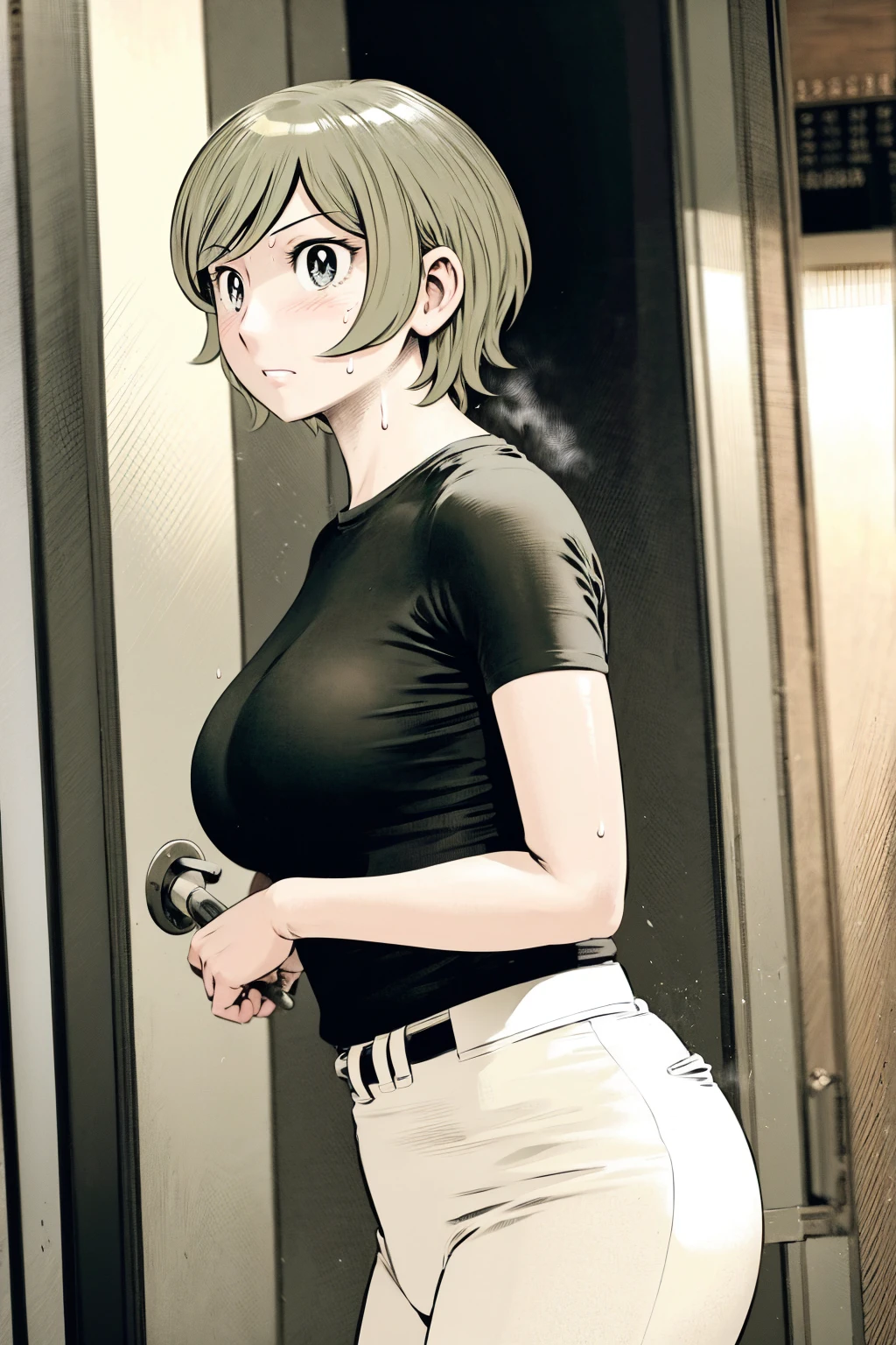 、(masterpiece、Highest quality)、Highest quality, Ultra-high resolution, (((masterpiece))), alone, Sweat、Big eyes,Tight black shirt、Tight white pants、belt、indoor、Composition from the front、(Cut the back hair short、short hair、blonde、woman)、Shortcuts、Embarrassed face、Cut your hair short、可愛いwomanの子、Big Breasts、office