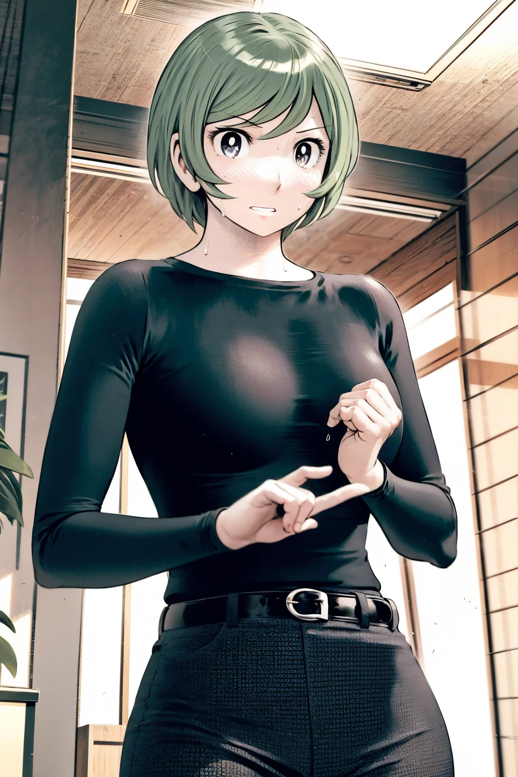 、(masterpiece、Highest quality)、Highest quality, Ultra-high resolution, (((masterpiece))), alone, Sweat、Big eyes,Tight black shirt、Tight white pants、belt、indoor、Composition from the front、(Cut the back hair short、short hair、blonde、woman)、Shortcuts、Embarrassed face、Cut your hair short、可愛いwomanの子、Big Breasts、office
