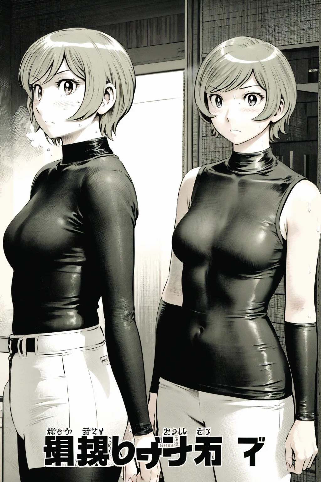、(masterpiece、Highest quality)、Highest quality, Ultra-high resolution, (((masterpiece))), alone, Sweat、Big eyes,Tight black shirt、Tight white pants、belt、indoor、Composition from the front、(Cut the back hair short、short hair、blonde、woman)、Shortcuts、Embarrassed face、Cut your hair short、可愛いwomanの子、Big Breasts、office