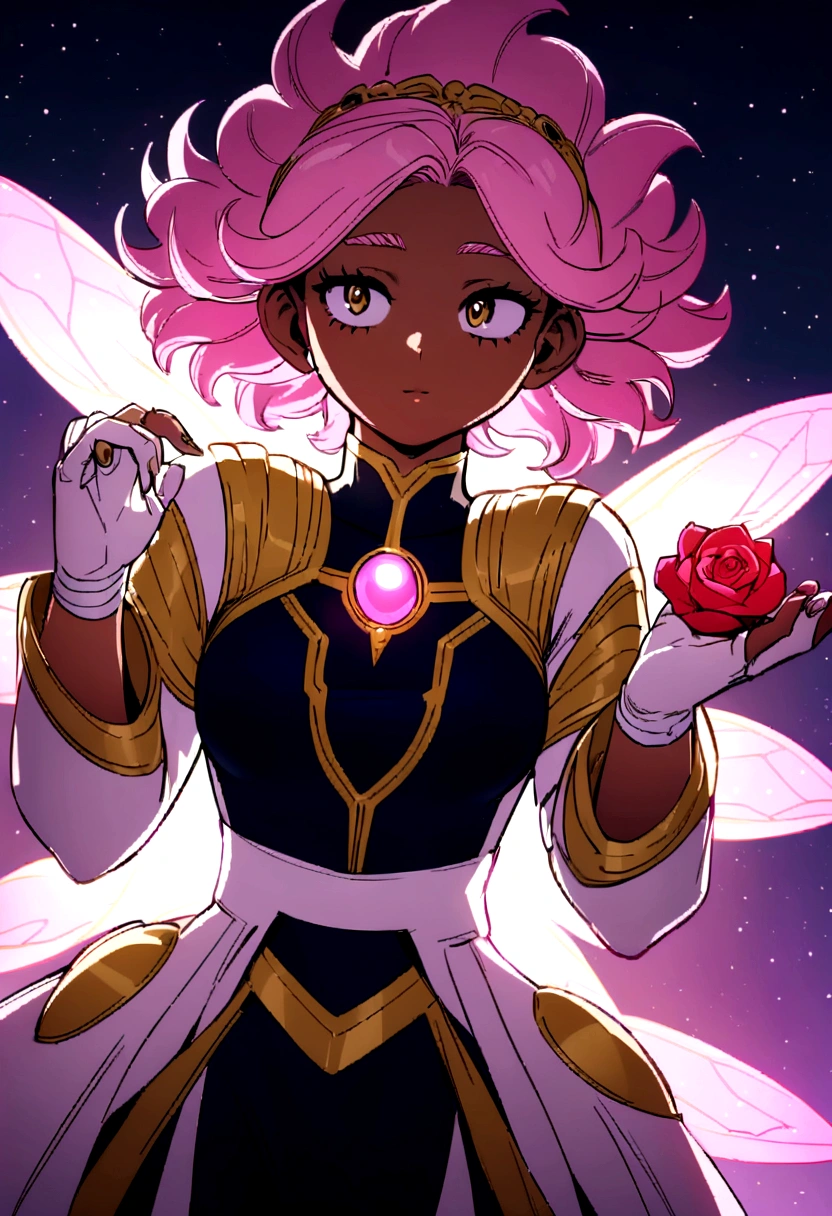 fairy girl in the style of my hero academia, with pink hair and dark complexion, and a e outfit, with purple and gold auras in your hands have a rose of light
