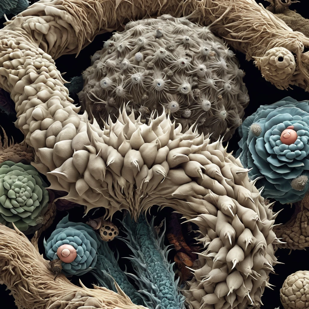 Scientific microscopic image of it's a kind of magic . Electron microscope level detail, depicting the complex, otherworldly forms of microscopic animal-like life with intricate, animal or monstrous features, high resolution, and surreal characteristics that may be real or imagined