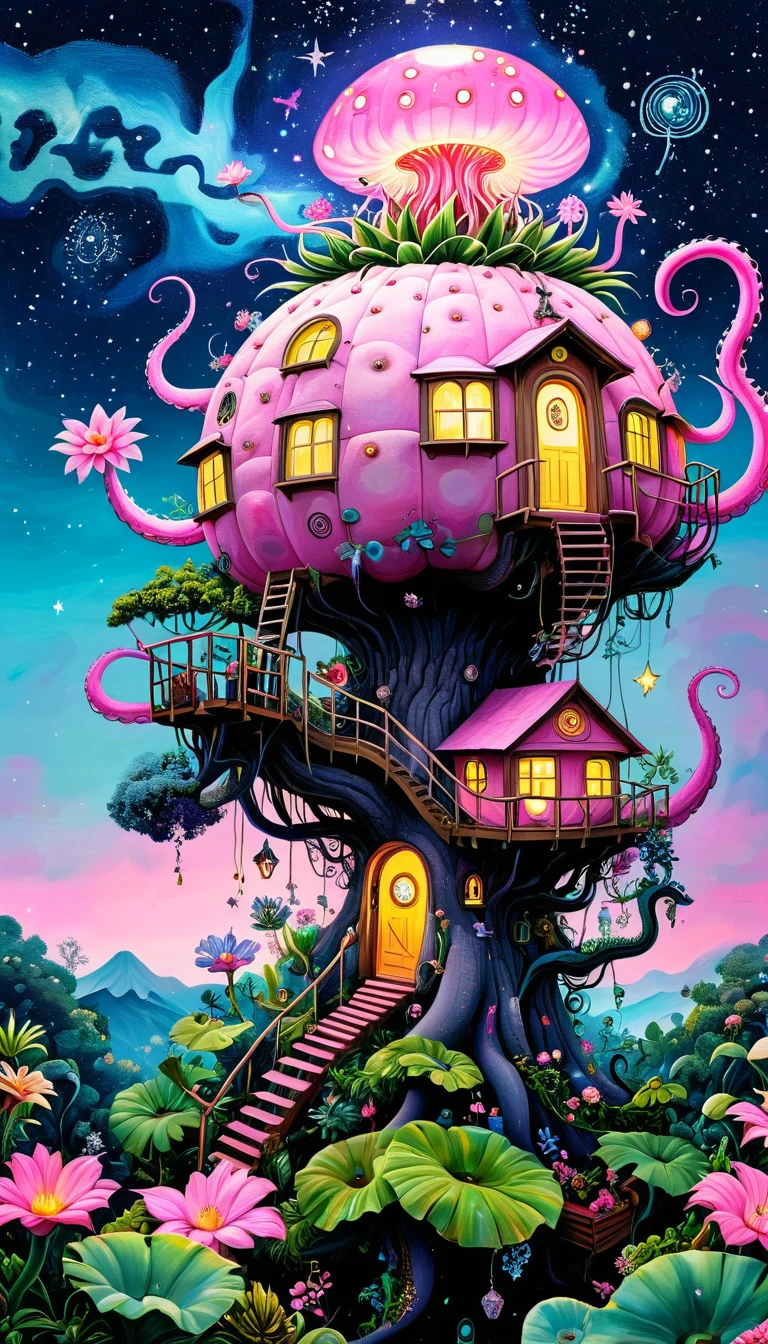 Pink hollow pineapple house on the tree top，The hut glows，(((plant，flower，Tentacles，Eye、Starry Sky，Stitching together an abstract painting)))，Describing the inner world of autistic people，Sense of space，White Space，interesting，Innocence，Psychedelic Art，Pink theme
