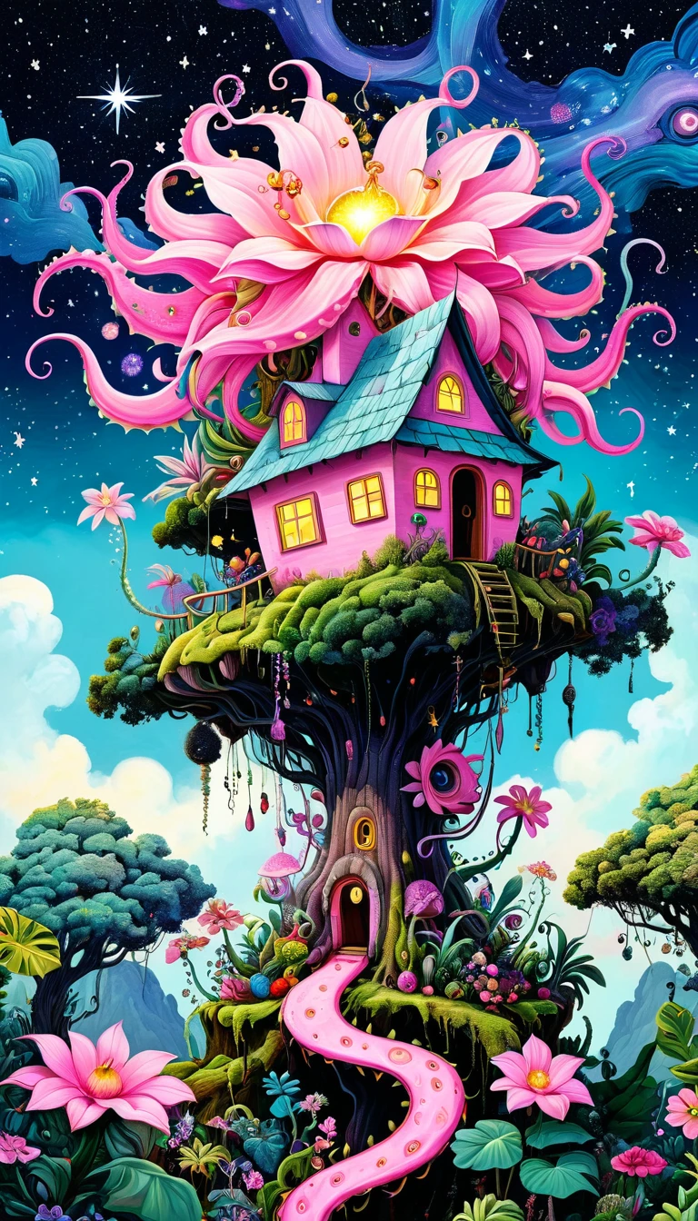 Pink hollow pineapple house on the tree top,The hut glows,(((plant,flower,Tentacles,Eye、Starry Sky,Stitching together an abstract painting))),Describing the inner world of autistic people,Sense of space,White Space,interesting,Innocence,Psychedelic Art,Pink theme