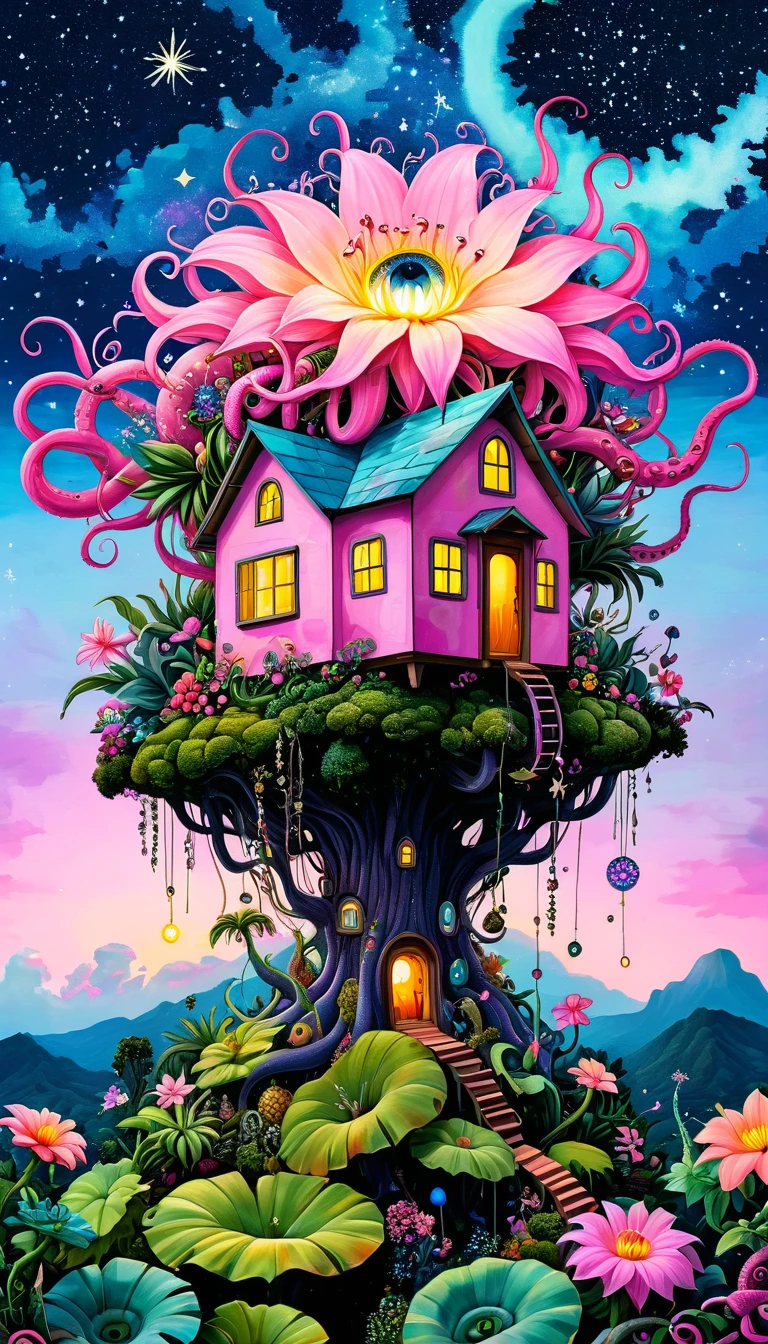 Pink hollow pineapple house on the tree top,The hut glows,(((plant,flower,Tentacles,Eye、Starry Sky,Stitching together an abstract painting))),Describing the inner world of autistic people,Sense of space,White Space,interesting,Innocence,Psychedelic Art,Pink theme