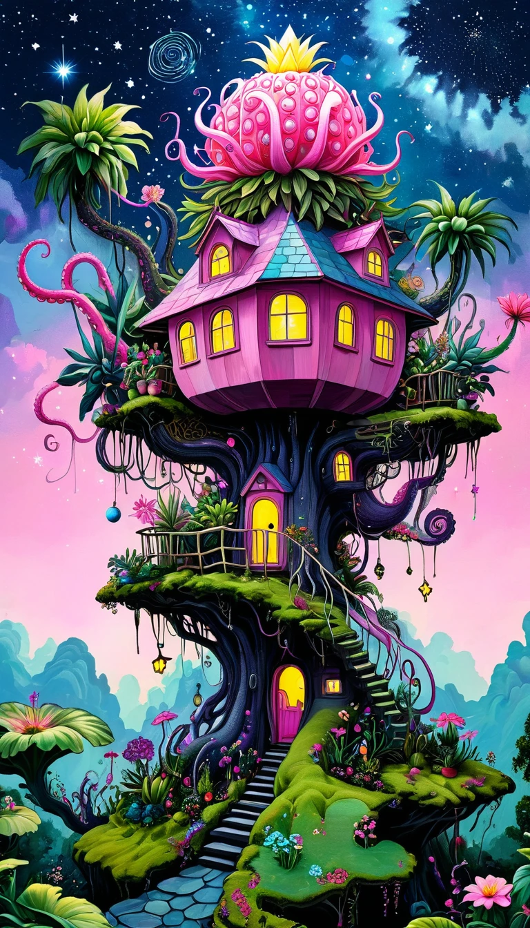 Pink hollow pineapple house on the tree top,The hut glows,(((plant,flower,Tentacles,Eye、Starry Sky,Stitching together an abstract painting))),Describing the inner world of autistic people,Sense of space,White Space,interesting,Innocence,Psychedelic Art,Pink theme
