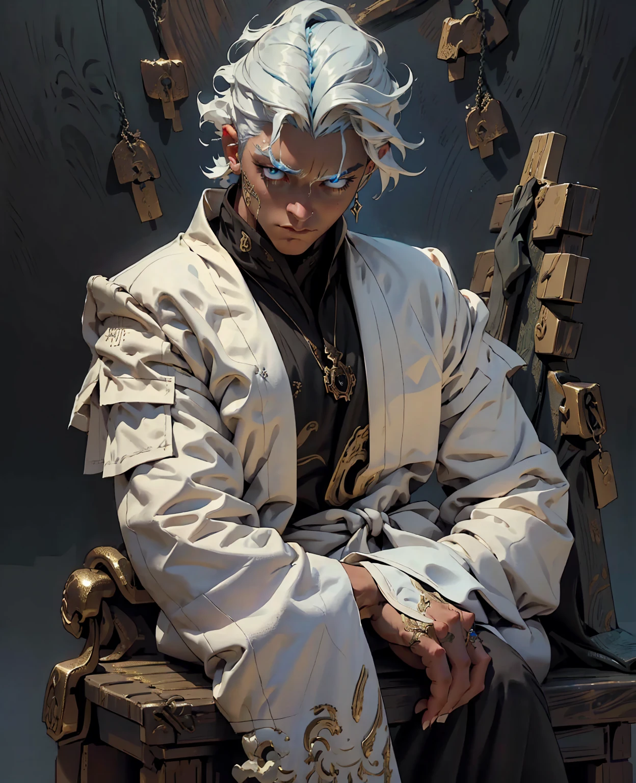 a young man with white hair sitting on a throne,expressive and serious look,beautiful detailed blue eyes,photorealistic,cinematic lighting,intricate details,robe black,epic fantasy,dramatic,highly detailed,sharp focus,studio lighting,ultra-detailed,hyper realistic,masterpiece,dramatic composition,atmospheric,moody,elegant,regal,imposing,powerful