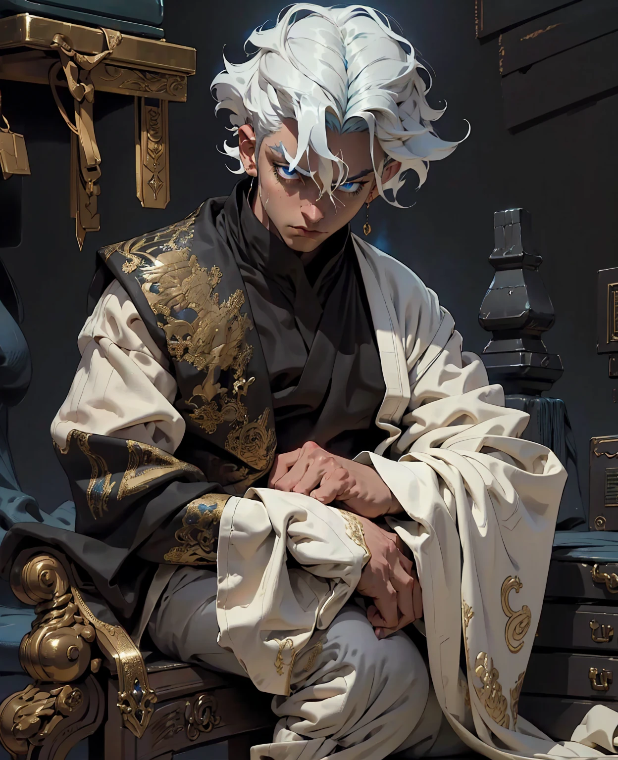 a young man with white hair sitting on a throne,expressive and serious look,beautiful detailed blue eyes,photorealistic,cinematic lighting,intricate details,robe black,epic fantasy,dramatic,highly detailed,sharp focus,studio lighting,ultra-detailed,hyper realistic,masterpiece,dramatic composition,atmospheric,moody,elegant,regal,imposing,powerful