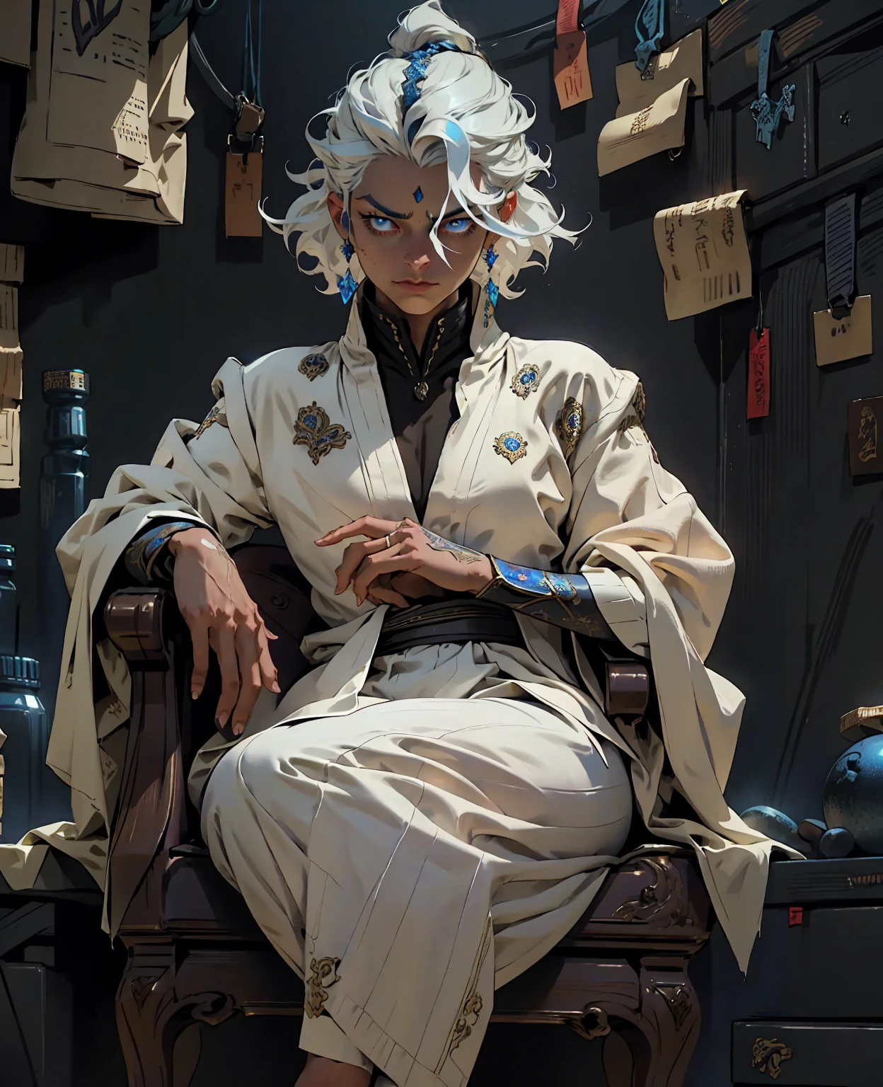 a young man with white hair sitting on a throne,expressive and serious look,beautiful detailed blue eyes,photorealistic,cinematic lighting,intricate details,robe black,epic fantasy,dramatic,highly detailed,sharp focus,studio lighting,ultra-detailed,hyper realistic,masterpiece,dramatic composition,atmospheric,moody,elegant,regal,imposing,powerful