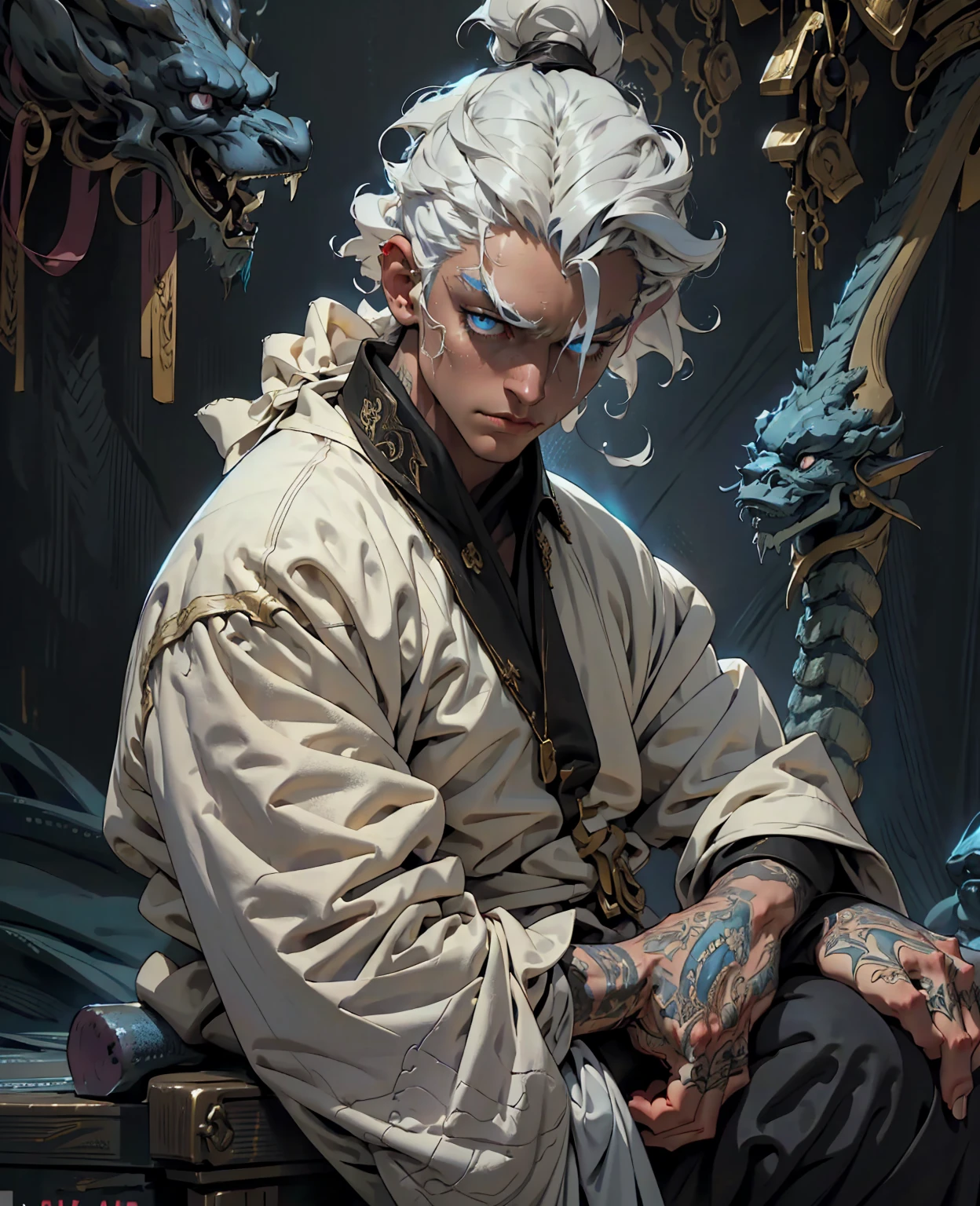 a young man with white hair sitting on a throne,expressive and serious look,beautiful detailed blue eyes,photorealistic,cinematic lighting,intricate details,robe black,epic fantasy,dramatic,highly detailed,sharp focus,studio lighting,ultra-detailed,hyper realistic,masterpiece,dramatic composition,atmospheric,moody,elegant,regal,imposing,powerful