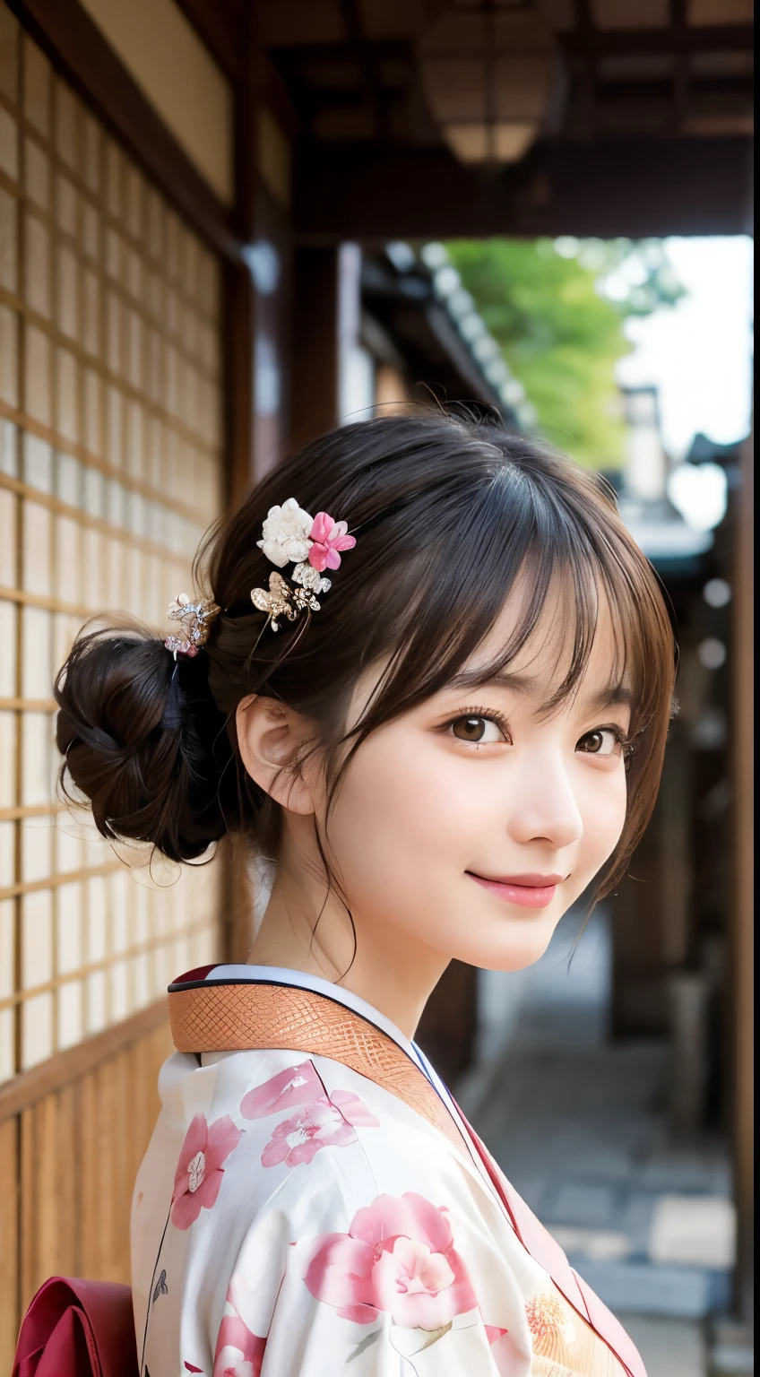 Professional Lighting,(Realistic:1.4), (Top image quality:1.0), (超High resolution:1.0), 8K, Raw photography, (masterpiece:0.2), (Dealing with the Children_v1:0.5)、(最高quality Detail:1.2)、Realistic、8K Ultra HD、High resolution、(1 Girl:1.2)、超detailedな、High quality textures、複雑なdetailed、detailed、Very detailed CG、High quality shadows、detailed 美しく繊細な顔、Beautiful details and a delicate eye、(Symmetrical eyes:1.2),Written boundary depth、Ray Tracing,1 Girl, Japanese Girls, (Natural smile:1.4),cute, thin, Portrait of a beautiful Japanese woman in a kimono, Standing elegantly on a street corner in Kyoto. Kimono with vibrant traditional patterns, Hair decorated with elegant and delicate hairpins, Gentle expression. (With the old streets of Kyoto in the background:1.4)、The soft light of a spring afternoon、Adding tranquility to the scene. Rendered in a Realistic style with great attention to detail, High resolutionの画像.Sky Porn, Magic Hour, (Realistic:1.3), finely, quality, (Tabletop:1.2), (Realistic:1.2), (最高quality), (複雑なdetailed), dramatic, Ray Tracing, photograph, +roller