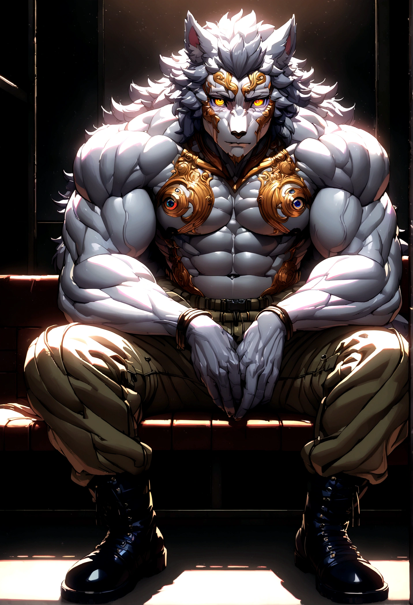 Best quality, Professional, Vivid Colors, Cinematic light, full body, wolf, Muscular male, kemono, by bigcozyorca, Solo, grey Fur, white body, golden eyes, pectorals, (detailed face, detailed eyes:1.5), open hoodie, cargo pants, boots, sitting alone, indoor, Ambient Light, Ray tracing, detailed shadow