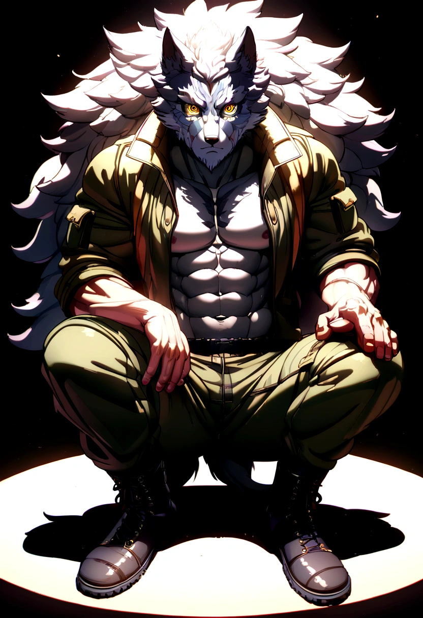 Best quality, Professional, Vivid Colors, Cinematic light, full body, wolf, Muscular male, kemono, by bigcozyorca, Solo, grey Fur, white body, golden eyes, pectorals, (detailed face, detailed eyes:1.5), open hoodie, cargo pants, boots, sitting alone, indoor, Ambient Light, Ray tracing, detailed shadow