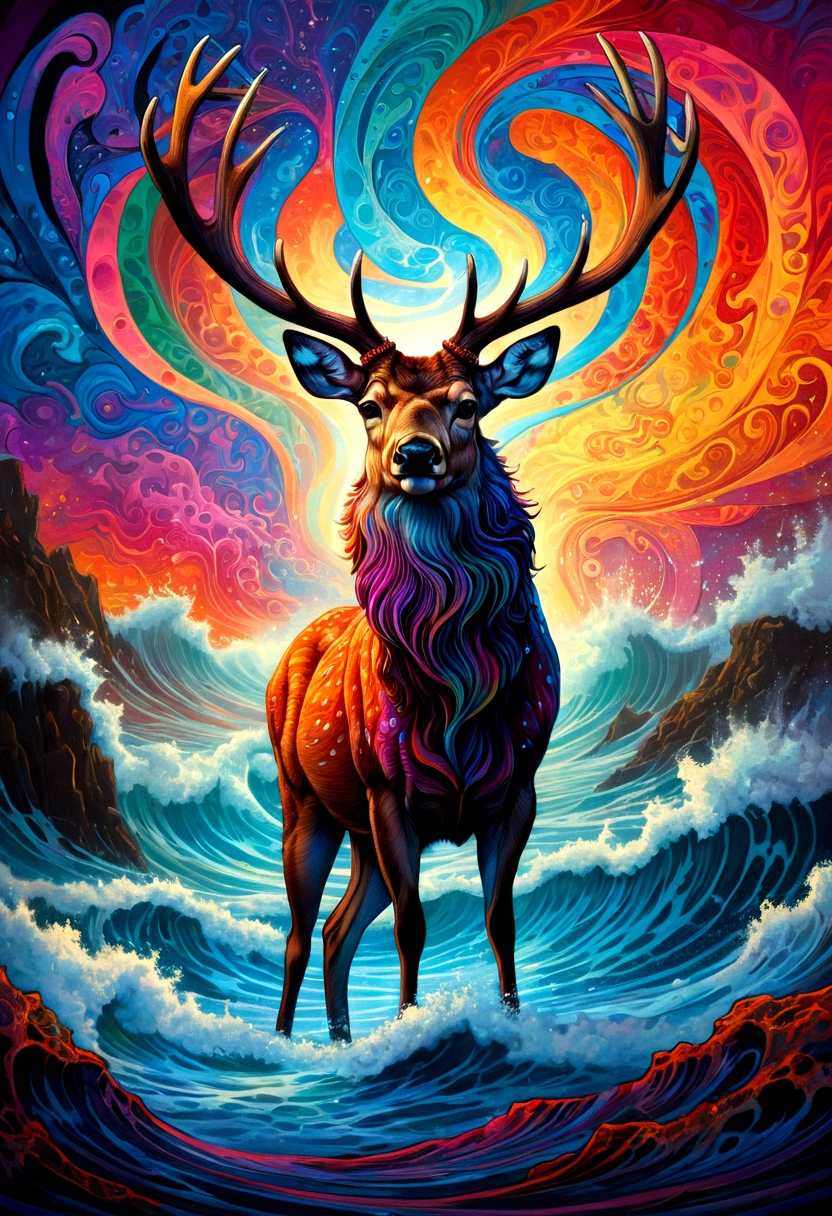 Psychedelic painting of a deer standing in front of a colorful swirl), ((multi-slit big antlers, stag, big head)), light and shadow, waves, multi-layered, foreground, distant view, fractal Thunder Dan Mumford, Dan Mount Ford and Alex Gray style, psychedelic surreal art, surreal psychedelic design, fantasy art style, illusion psychedelic art, infinite psychedelic waves, inspired by Cyril Rolando, Real ripple structure, psychedelic art style, psychedelic art,