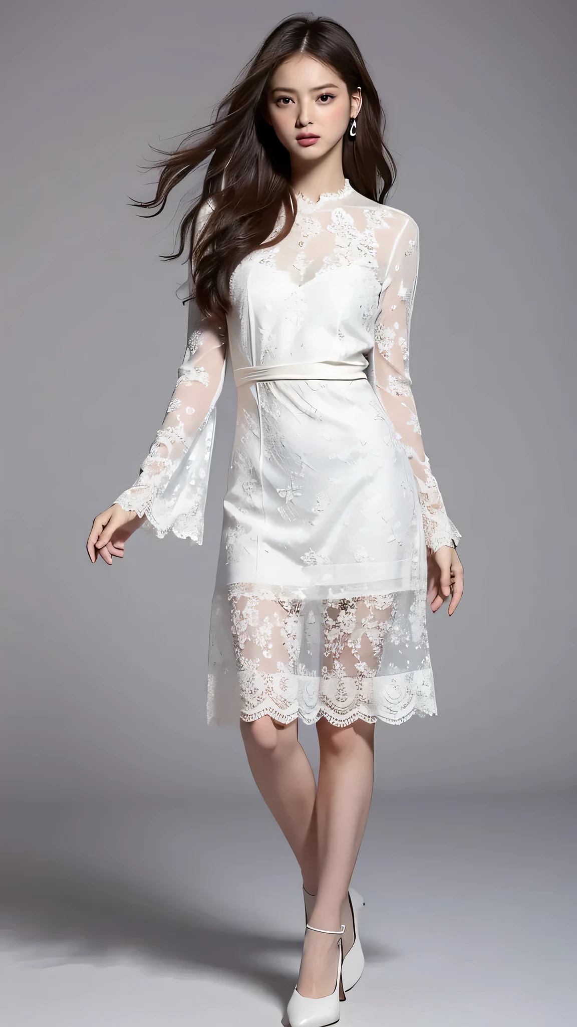 Highest quality,masterpiece,Ultra-high resolution,(Actual:1.4),Original photo,Ultra-high resolution,8K,There are also women,Fair skin、Sheer white lace mini dress,High heels,Long legs:1.5,Bright and beautiful,high waist,Flashy makeup using red eyeshadow,Gray background,