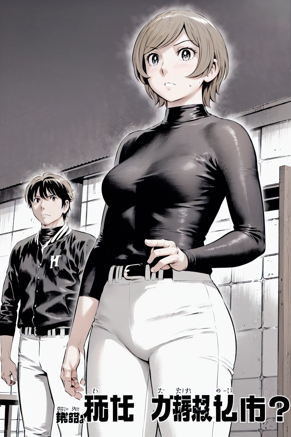 (野球uniform:1.2),
Blonde, (short hair:1.2),Long sleeve, Black Shirt, turtleneck,White trousers、uniform、Black belt、((Illustration of a person))、big 、
View your viewers,, (Highest quality:1.3),One Girl, White pants、uniform、Outdoor、baseball ground、ground、soil、blue eyes、Tight black shirt、(masterpiece、Highest quality)、Highest quality, Ultra-high resolution, (((masterpiece))), alone, Sweat、big eyes、big Breasts、One Girl, Front view、Embarrassed face、Bronze colored hair、((short hair))、Stand up straight、Cowboy Shot