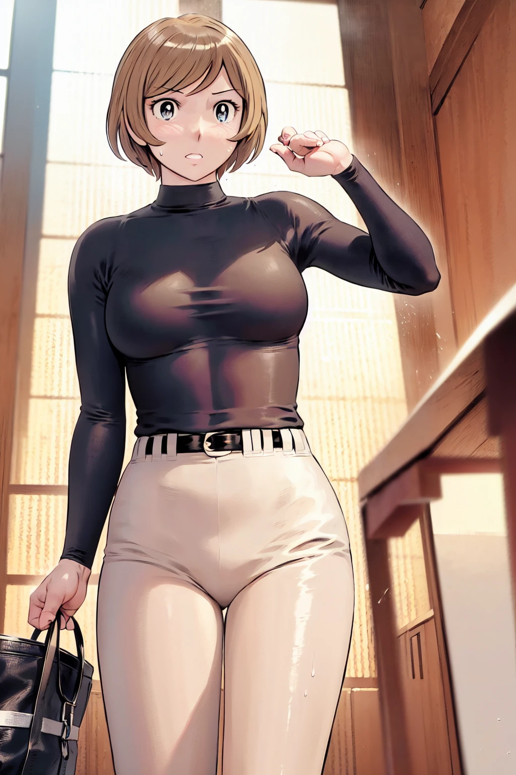 (野球uniform:1.2),
Blonde, (short hair:1.2),Long sleeve, Black Shirt, turtleneck,White trousers、uniform、Black belt、((Illustration of a person))、big 、
View your viewers,, (Highest quality:1.3),One Girl, White pants、uniform、Outdoor、baseball ground、ground、soil、blue eyes、Tight black shirt、(masterpiece、Highest quality)、Highest quality, Ultra-high resolution, (((masterpiece))), alone, Sweat、big eyes、big Breasts、One Girl, Front view、Embarrassed face、Bronze colored hair、((short hair))、Stand up straight、Cowboy Shot