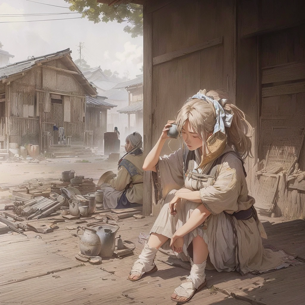 Animated scene of a woman sitting on a porch holding a pot and a cup, artwork in the style of Gwaiz, Gwaiz on pixiv artstation, Gwaiz, Gwaiz on artstation pixiv, Desolate. Digital Illustration, Gwaiz masterpiece, dark. by Makoto Shinkai, Soft anime illustration, Anime style digital art 1. Scenery and Cityscape in the Early Meiji Era
After the Meiji Restoration, Japan underwent rapid modernization and civilization. Consequently, many changes and reforms occurred. Below is a detailed explanation of the scenery, appearance of the poor, occupations, and cityscapes in the early Meiji period (1868 to the early 1880s).
2. Appearance of the Poor
Life for the impoverished and lower classes remained harsh. In particular, in urban areas, people migrated from rural areas or unemployed artisans gathered, intensifying competition in the labor market. Many of them struggled with poverty, often residing in slums or around temples.
3. Occupations
Meiji early Japan witnessed a diversification of occupations. Traditional agriculture and handicrafts were accompanied by the rise of modern industry and commerce. Particularly in urban areas, factory workers, shop clerks, and transporters increased, giving rise to new professions. However, many in these occupations endured harsh working conditions.
4. Influence of Civilization and Enlightenment
During the Meiji era, Western cultural influences spread rapidly. Changes in clothing, dietary habits, and the proliferation of Western-style architecture advanced, especially in urban areas. Conversely, this development posed a threat to traditional culture and lifestyles, resulting in societal upheaval and adaptation challenges.
5. Social Change and Policy Influence
While promoting modernization policies, the government also addressed poverty and social issues. Legislation for labor protection and charitable activities to aid the poor were implemented. Nevertheless, living conditions for the impoverished scarcely improved.
The early Meiji period marked a rapid transformation in Japan, with complex social landscapes in