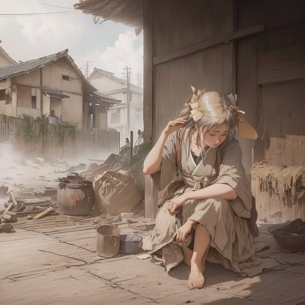 Animated scene of a woman sitting on a porch holding a pot and a cup, artwork in the style of Gwaiz, Gwaiz on pixiv artstation, Gwaiz, Gwaiz on artstation pixiv, Desolate. Digital Illustration, Gwaiz masterpiece, dark. by Makoto Shinkai, Soft anime illustration, Anime style digital art 1. Scenery and Cityscape in the Early Meiji Era
After the Meiji Restoration, Japan underwent rapid modernization and civilization. Consequently, many changes and reforms occurred. Below is a detailed explanation of the scenery, appearance of the poor, occupations, and cityscapes in the early Meiji period (1868 to the early 1880s).
2. Appearance of the Poor
Life for the impoverished and lower classes remained harsh. In particular, in urban areas, people migrated from rural areas or unemployed artisans gathered, intensifying competition in the labor market. Many of them struggled with poverty, often residing in slums or around temples.
3. Occupations
Meiji early Japan witnessed a diversification of occupations. Traditional agriculture and handicrafts were accompanied by the rise of modern industry and commerce. Particularly in urban areas, factory workers, shop clerks, and transporters increased, giving rise to new professions. However, many in these occupations endured harsh working conditions.
4. Influence of Civilization and Enlightenment
During the Meiji era, Western cultural influences spread rapidly. Changes in clothing, dietary habits, and the proliferation of Western-style architecture advanced, especially in urban areas. Conversely, this development posed a threat to traditional culture and lifestyles, resulting in societal upheaval and adaptation challenges.
5. Social Change and Policy Influence
While promoting modernization policies, the government also addressed poverty and social issues. Legislation for labor protection and charitable activities to aid the poor were implemented. Nevertheless, living conditions for the impoverished scarcely improved.
The early Meiji period marked a rapid transformation in Japan, with complex social landscapes in