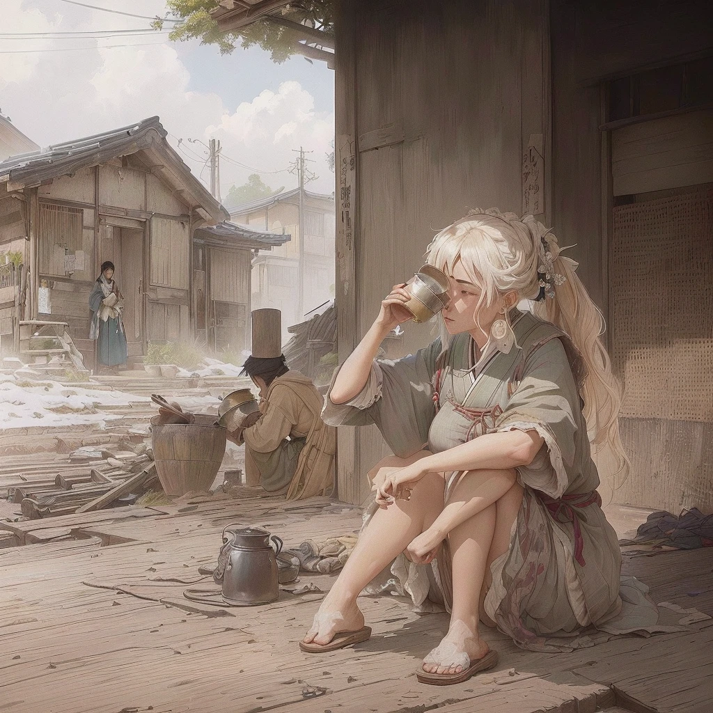 Animated scene of a woman sitting on a porch holding a pot and a cup, artwork in the style of Gwaiz, Gwaiz on pixiv artstation, Gwaiz, Gwaiz on artstation pixiv, Desolate. Digital Illustration, Gwaiz masterpiece, dark. by Makoto Shinkai, Soft anime illustration, Anime style digital art 1. Scenery and Cityscape in the Early Meiji Era
After the Meiji Restoration, Japan underwent rapid modernization and civilization. Consequently, many changes and reforms occurred. Below is a detailed explanation of the scenery, appearance of the poor, occupations, and cityscapes in the early Meiji period (1868 to the early 1880s).
2. Appearance of the Poor
Life for the impoverished and lower classes remained harsh. In particular, in urban areas, people migrated from rural areas or unemployed artisans gathered, intensifying competition in the labor market. Many of them struggled with poverty, often residing in slums or around temples.
3. Occupations
Meiji early Japan witnessed a diversification of occupations. Traditional agriculture and handicrafts were accompanied by the rise of modern industry and commerce. Particularly in urban areas, factory workers, shop clerks, and transporters increased, giving rise to new professions. However, many in these occupations endured harsh working conditions.
4. Influence of Civilization and Enlightenment
During the Meiji era, Western cultural influences spread rapidly. Changes in clothing, dietary habits, and the proliferation of Western-style architecture advanced, especially in urban areas. Conversely, this development posed a threat to traditional culture and lifestyles, resulting in societal upheaval and adaptation challenges.
5. Social Change and Policy Influence
While promoting modernization policies, the government also addressed poverty and social issues. Legislation for labor protection and charitable activities to aid the poor were implemented. Nevertheless, living conditions for the impoverished scarcely improved.
The early Meiji period marked a rapid transformation in Japan, with complex social landscapes in