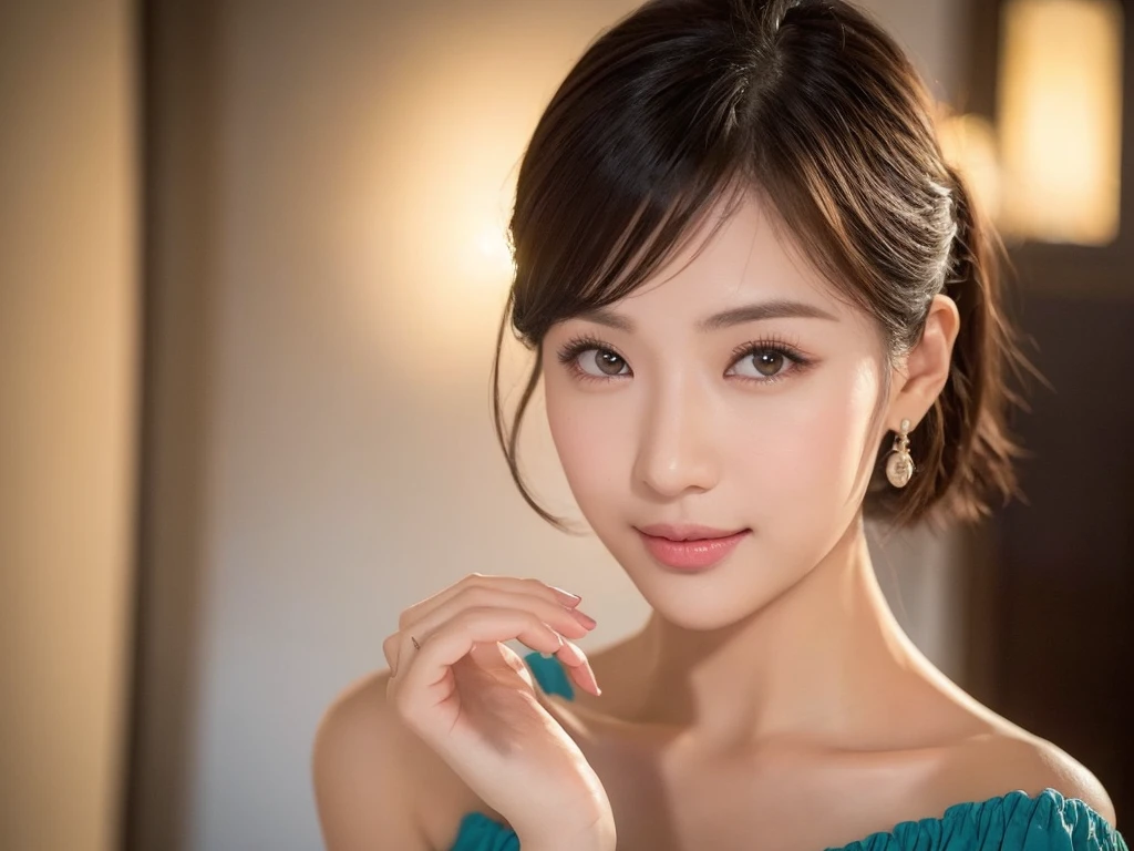 An Asian girl, Confidence,Off-shoulder，Short sleeve，very short bob，Beautiful and tall nose，nose close-up，Hydrating and compact lips，Have beautiful double eyelids，Fair and delicate skin，looking towards the audience，Studio photography，Smiling eyes，Hold your chin with one hand，The hand torso conforms to the normal human body structure，The painting surface is bright，The picture is three-dimensional，Indoor photo taking，Elegant and confident，She is as beautiful and charming as a model，Have temperament，There is only one woman in the picture，Focus on the outline of the eyes，Beautiful eye tail，Facing the light source，high quality，Super fine