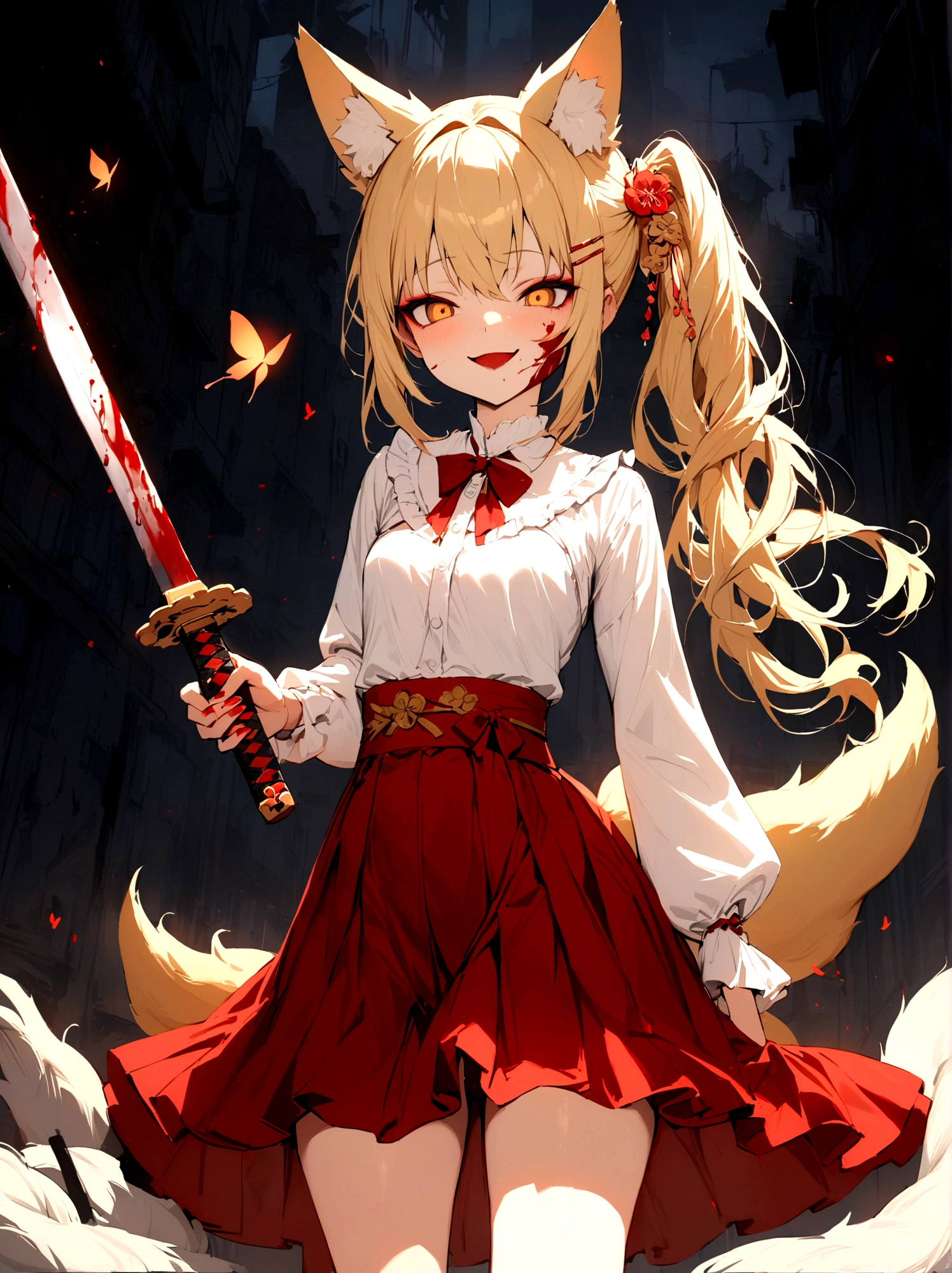 (masterpiece, best quality) junior,detailed, (beautiful,small breasts), blonde,long hair, side ponytail(tied to the left),Hairpin decoration with gold butterfly, elegant, (fox ears),nine tailed fox tail, red eyeshadow, golden eyes, femur,dark night sky,girl,yandere eyes,bloody face,bloody clothes(white shirt),Red skirt,Maiden,Bloody(blood on fullbody),holding a sword hilt,bloody dagger(Japanese sword),evil smile