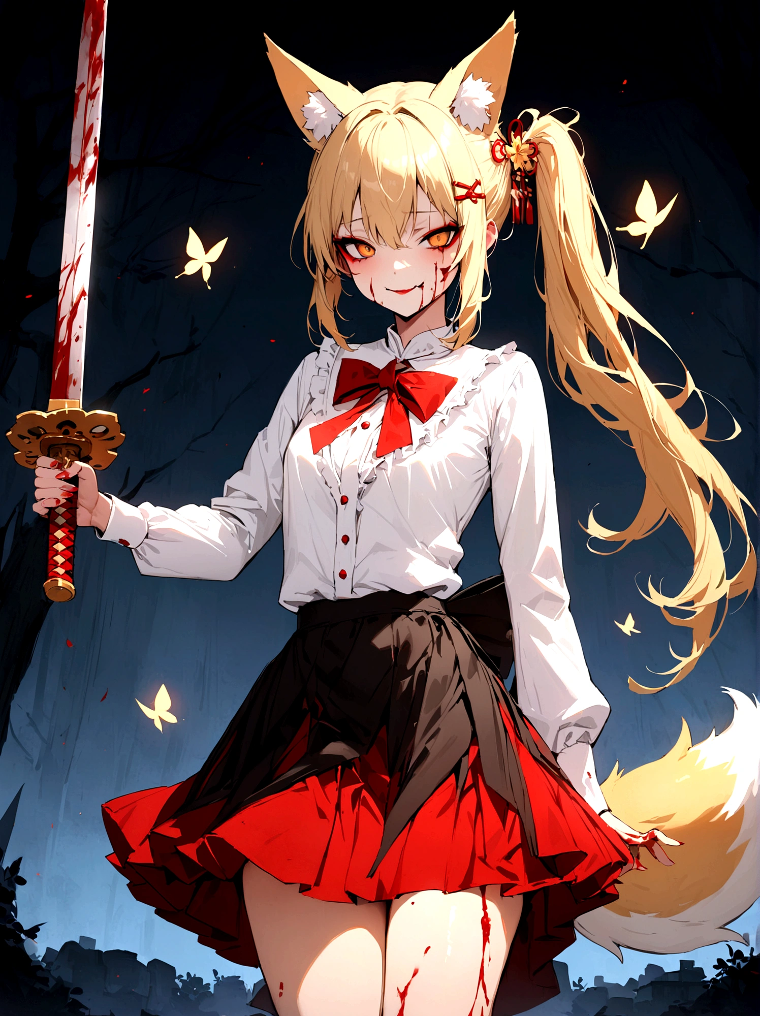 (masterpiece, best quality) junior,detailed, (beautiful,small breasts), blonde,long hair, side ponytail(tied to the left),Hairpin decoration with gold butterfly, elegant, (fox ears),nine tailed fox tail, red eyeshadow, golden eyes, femur,dark night sky,girl,yandere eyes,bloody face,bloody clothes(white shirt),Red skirt,Maiden,Bloody(blood on fullbody),holding a sword hilt,bloody dagger(Japanese sword),evil smile
