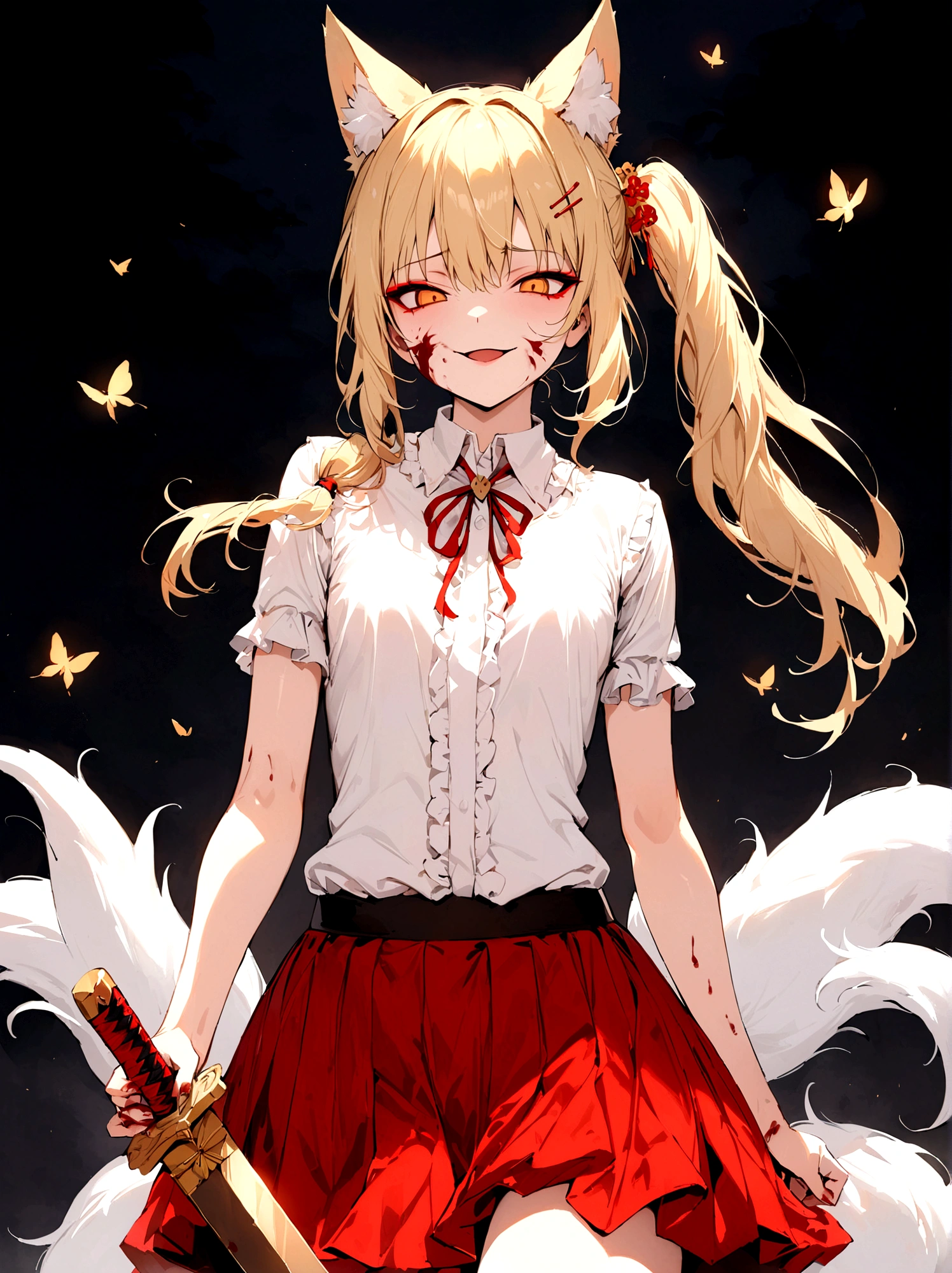 (masterpiece, best quality) junior,detailed, (beautiful,small breasts), blonde,long hair, side ponytail(tied to the left),Hairpin decoration with gold butterfly, elegant, (fox ears),nine tailed fox tail, red eyeshadow, golden eyes, femur，dark night sky,girl,yandere eyes,bloody face,bloody clothes(white shirt),Red skirt,Maiden,Bloody(blood on fullbody),holding a sword hilt,bloody dagger(Japanese sword),evil smile