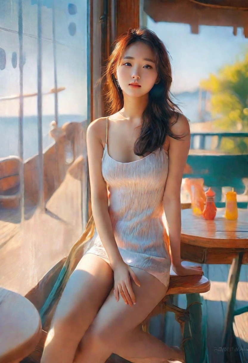 Morning rise, warm sunlight,korean woman wearing sleevless tshirt sitting on the table beside a wooden big windows at the outside cafe , sunrise atmosphere at a dock, wooden dock, a photorealistic painting by Raymond Han, tumblr, realism, gorgeous young korean woman, beautiful south korean woman, beautiful young korean woman, korean girl, beautiful asian girl, young asian girl, jaeyeon nam, asian girl, korean woman, sitting on a mocha-colored table, a young asian woman