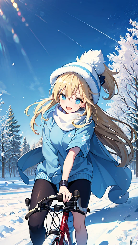 An anime style girl with long blonde hair tied into a high ponytail. Riding a bike on a light snow day Wear a light blue sweater and a winter hat with cute animal prints. There is light sunlight. Shining down from the bright blue sky The surrounding trees were covered with snow. The atmosphere is fresh and quiet. The girl had a bright smile and sparkling eyes. It is a picture that expresses happiness and warmth in winter.