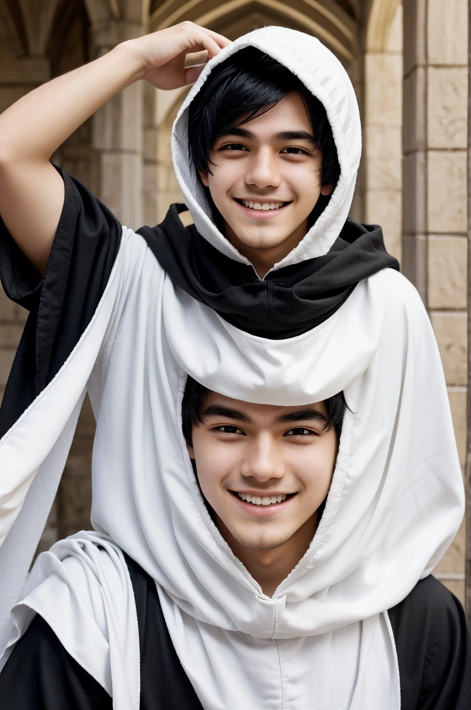 boy with messy black hair, medieval white hood, Beautiful face, male, carefree smile, playful pose, hair covers half of his face and thin 16 year old Anime Edition