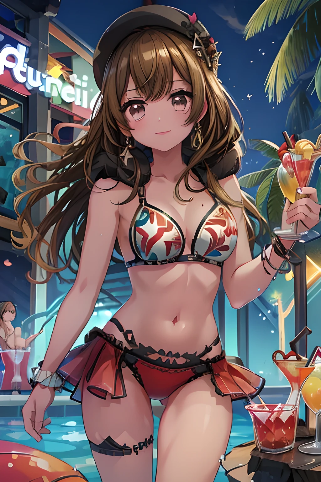 pool party, 
(((Illustration of beautiful a girl having fun by the pool with cocktail glasses in their hands, party people))), 
bikini, headpones around neck, bangs, brown eyes, long hair,brown hair, no glasses, ((Balloons of various colors floating on the surface of the pool)), neon sign and neon lights, smile, 
Vivid contrasts, Accurate detail, High detail, Precision, Stunning beautiful touch rendering, Party people, Masterpiece, best quality
