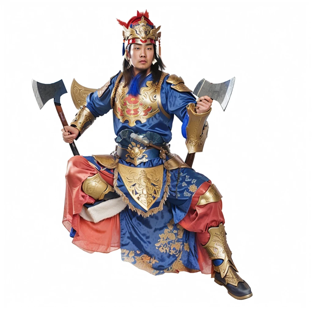 a chinese warrior with blue robe and armour, holding 2 axes, 