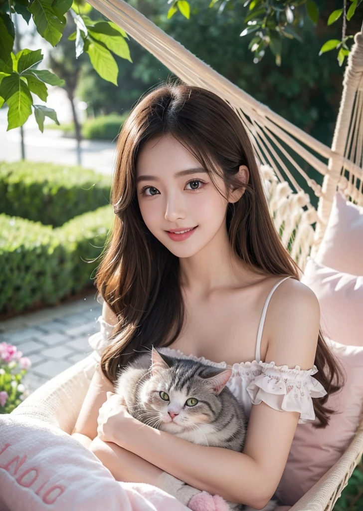 Diffuse lighting、 Highest quality, High resolution, unity 8k wallpaper、Supersaturation, Colorful, fairy tale, dream-like, Movie-like characters, oil, 3d, 8K resolution, Sequins, Sparkling, moonlight, Close-up portrait adorable,Too cute cat, Fine grain, Large, round, reflective eyes,Dreamland、Show your teeth and smile、Brown Hair、Cotton candy cushion、Sleeping in a marshmallow hammock、Fluffy hammock、Cloud-like hammock、pastel colour、pleasant to the touch、Gaze over your shoulder、smile、full moon、Mysterious Flower、Beautiful cat、cute cat、猫のInside the castle、Inside the castle、Detailed eyes, nose and mouth、Cat Castle、2k wallpaper、