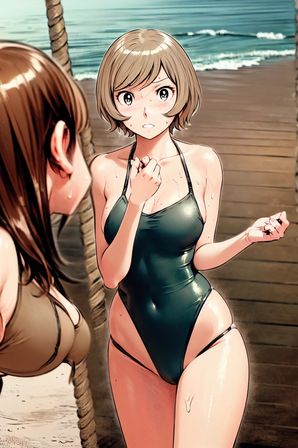、(masterpiece、Highest quality)、Highest quality, Ultra-high resolution, (((masterpiece))), alone, Sweat、Big eyes, Composition from the front、Shortcuts、Embarrassed face、Bronze colored hair、Cut your hair short、Ocean、beach、Black Micro Bikini、belly button、short hair、(Bronze colored hair)
