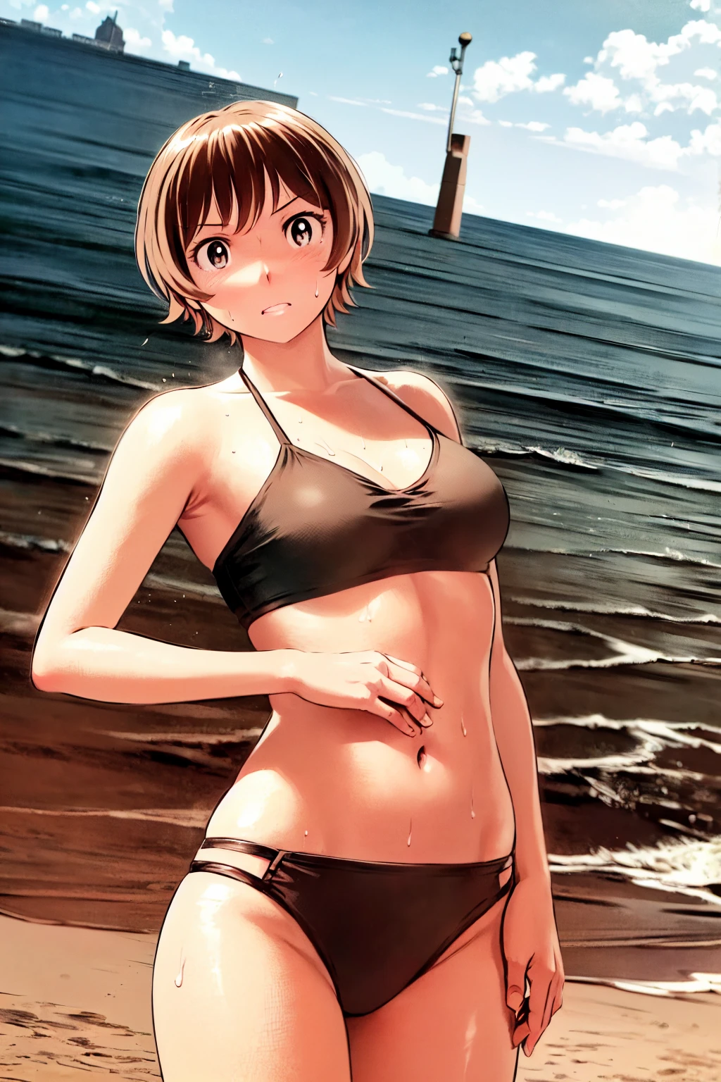 、(masterpiece、Highest quality)、Highest quality, Ultra-high resolution, (((masterpiece))), alone, Sweat、Big eyes, Composition from the front、Shortcuts、Embarrassed face、Bronze colored hair、Cut your hair short、Ocean、beach、Black Micro Bikini、belly button、short hair、(Bronze colored hair)