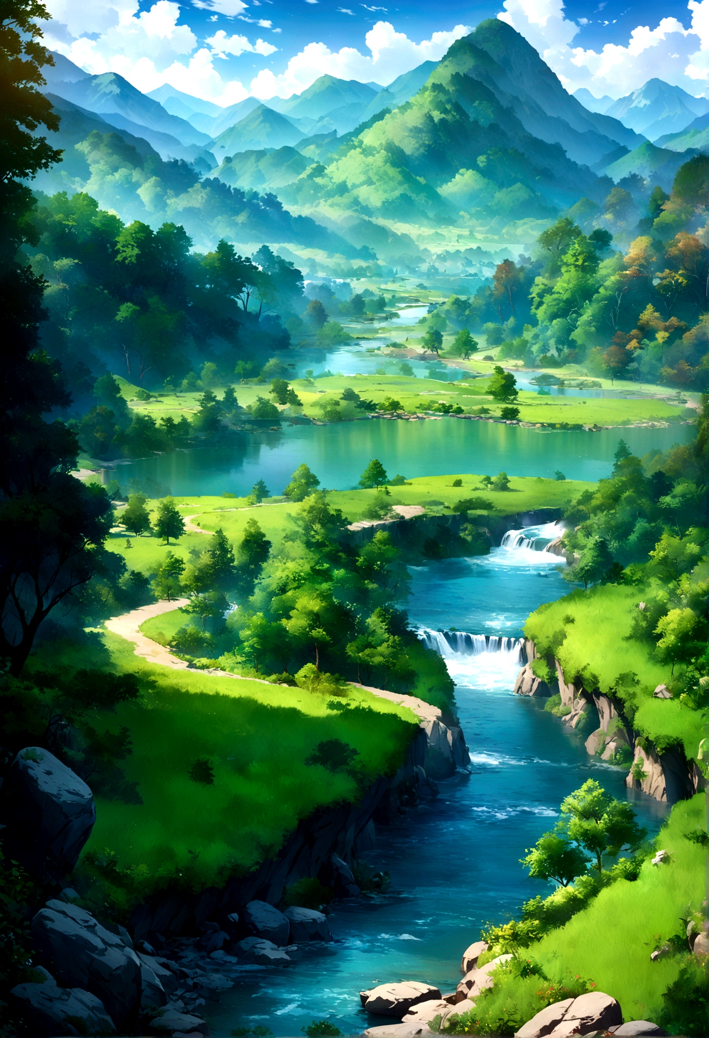painting of a stream running through a lush green forest filled with trees, detailed painting 4 k, mountains river trees, anime landscape wallpaper, beautiful art uhd 4 k, anime countryside landscape, detailed scenery —width 672, beautiful digital painting, 4k highly detailed digital art, beautiful anime scenery, 8k high quality detailed art, anime nature wallpap, anime nature