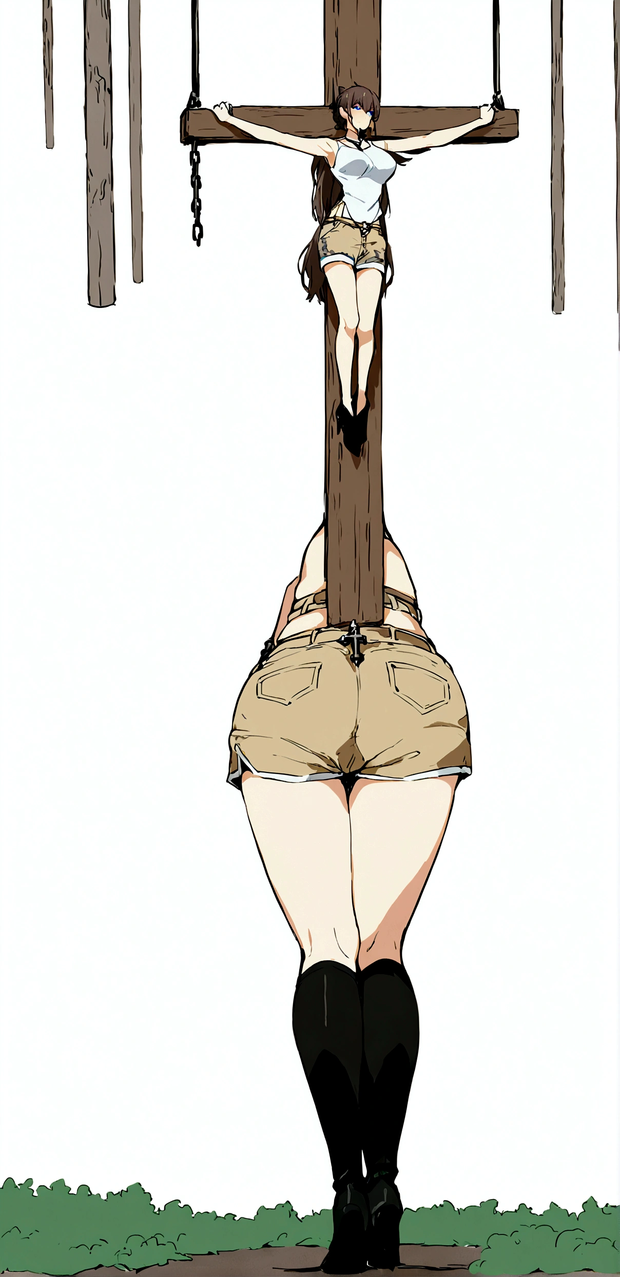 Slender and y woman,Black thigh-high boots,Beige jean shorts,Chained,Crucifixion,cross,Folded ponytail,suspension,in the forest,